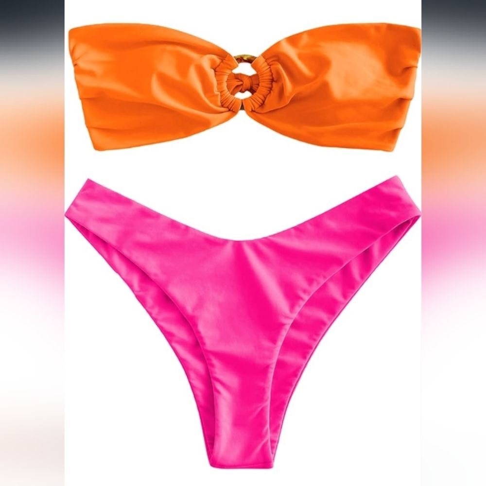 ZAFUL Bandeau O Ring Strapless Tie Back High Cut Two Piece Swimsuuit Size 6 NWT - Picture 2 of 8